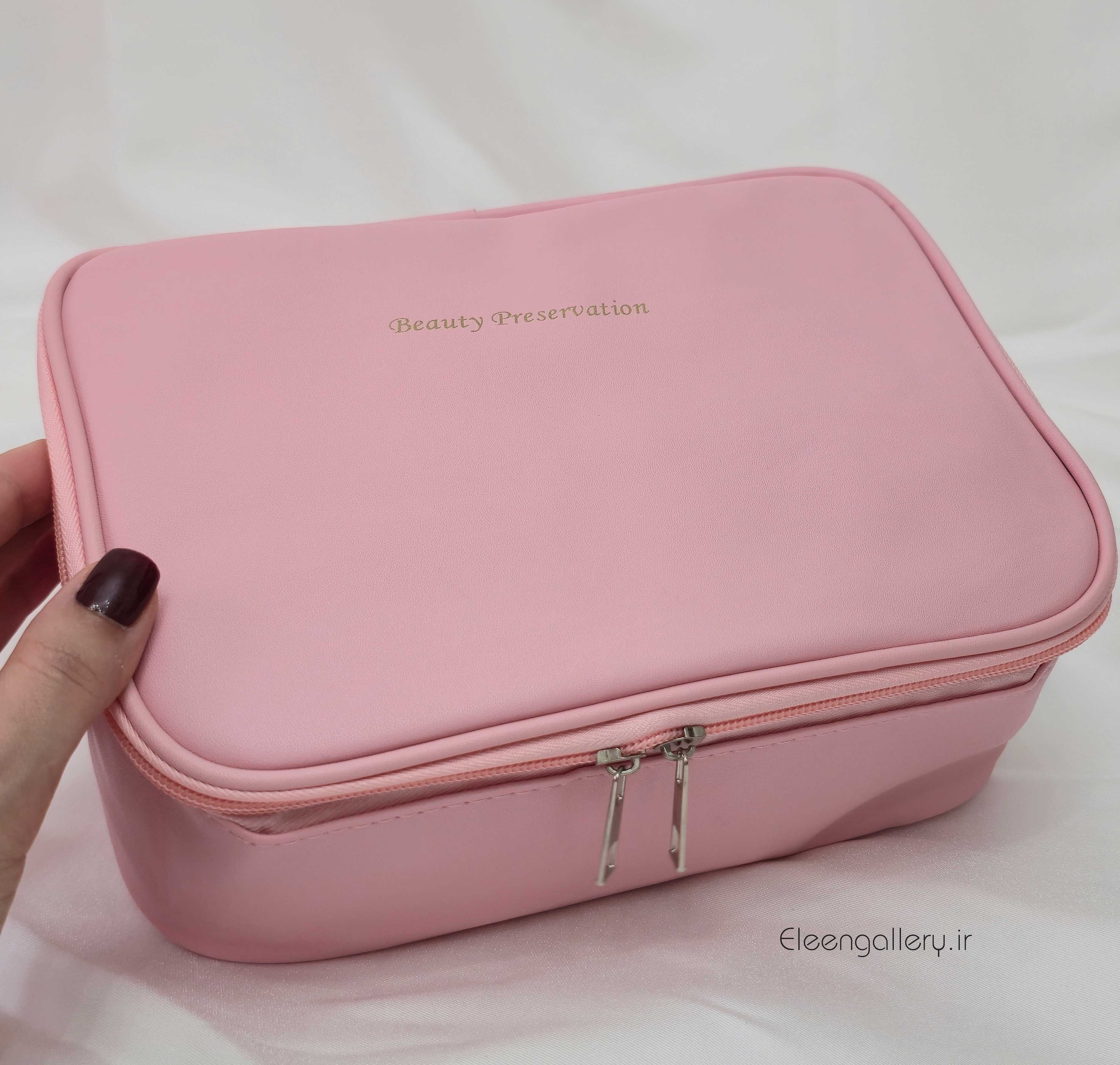 کیف لوازم آرایش چرم مصنوعی مستطیل صورتی